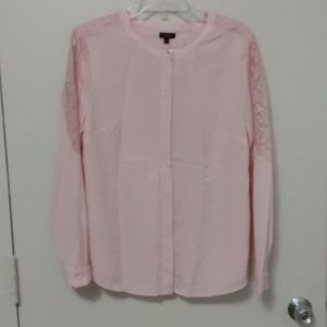 Talbots New Pink Lace Silky Long Sleeve Button Down Shirt Blouse Size L